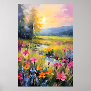 Poster Prairie de fleurs sauvages vibrantes au coucher du