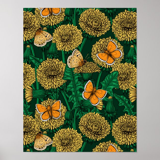 Poster Pré de Dandelion sur vert foncé (Devant)