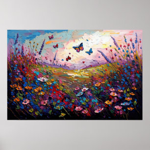Poster Pré Fleur sauvage coloré avec papillons
