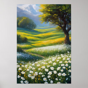 Poster Pré vert et Fleurs blanches
