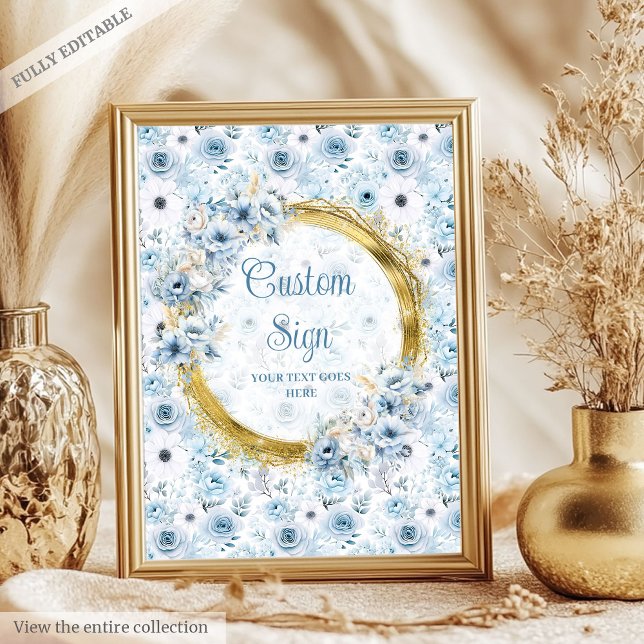 Poster Precieux pastel bleu fleurs or boho panneau person (Precious pastel blue flowers gold boho custom sign)