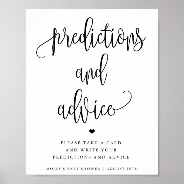 Poster Prédictions de baby shower, calligraphie minimalis (Devant)
