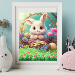 Poster Premier lapin mignon de Pâques dans un panier Pers