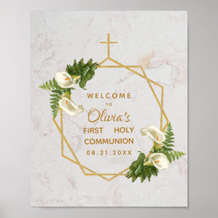 Poster Première Communion Marbre Or Calla Lys Bienvenue