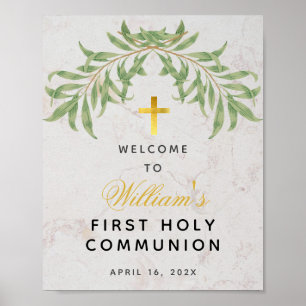 Poster Première communion Verdure Marbre Gold Croix Bienv