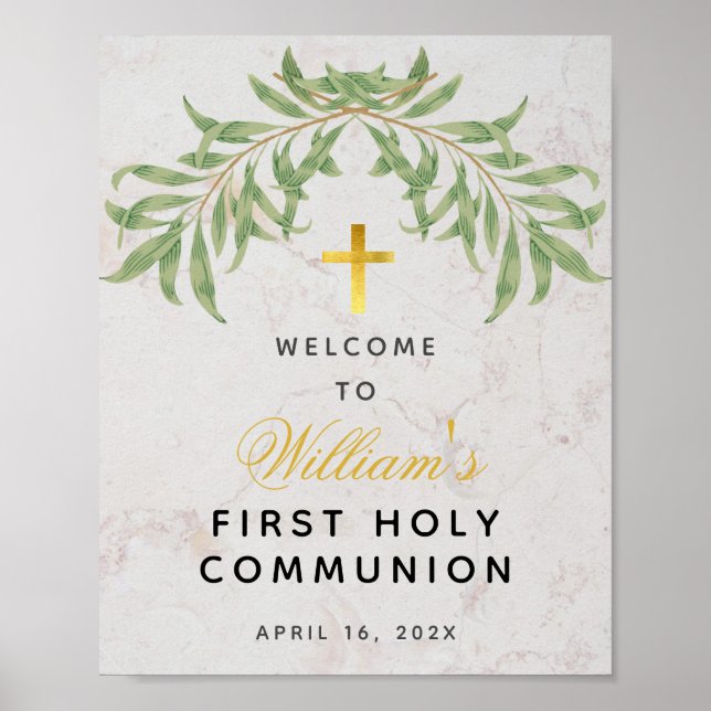 Poster Première communion Verdure Marbre Gold Croix Bienv (Devant)