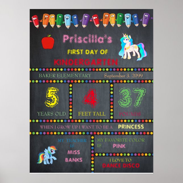 Poster Première journée de maternelle fille, panneau de t (Devant)