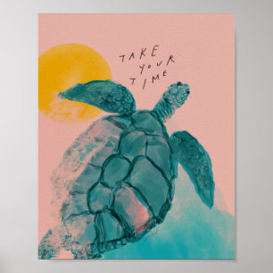 Poster Prenez votre temps - Tortue de mer, rose, vert