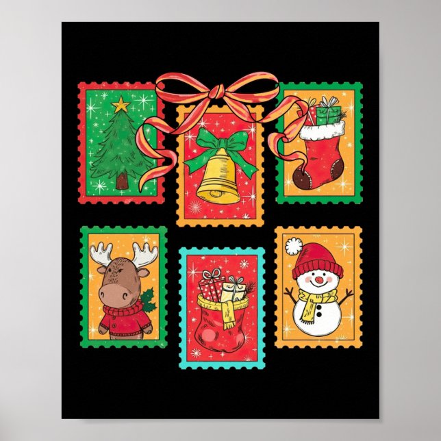 Poster Preppy Christmas Stamps Coquette Bow Reindeer Xmas (Devant)