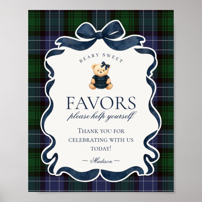 Poster Preppy Coquette Bow Bear Plaid Party Favors Sign (Devant)