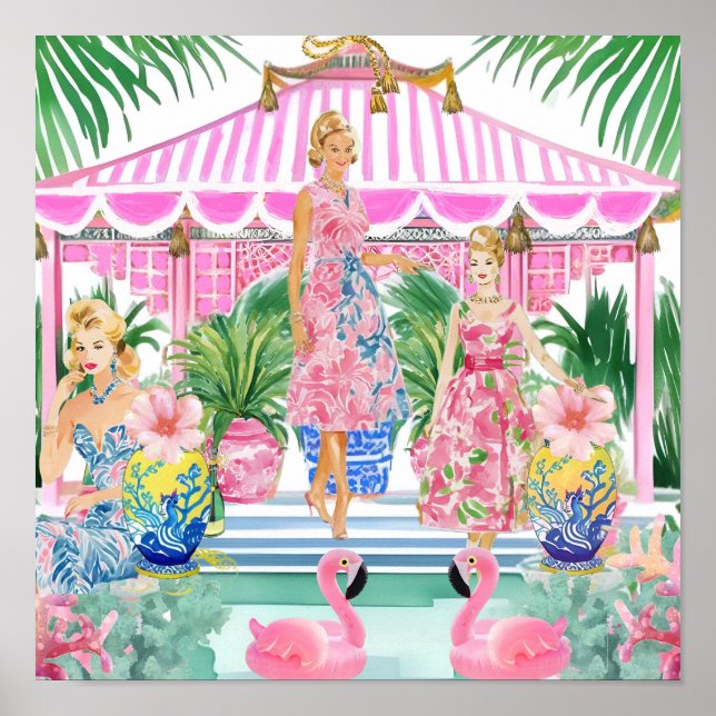 Poster Preppy Retro Palm Beach Pool Party (Devant)