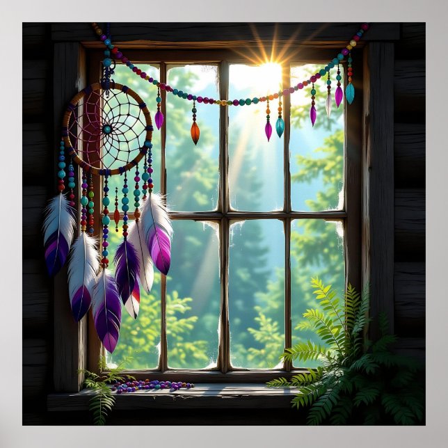 Poster Pretty Boho Purple Dreamcatcher in Window   (Devant)