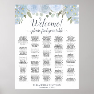 Poster Pretty Dusty Blue Roses Alphabetical Seating Chart