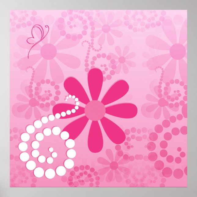 Poster Pretty Pink Flowers Cute Retro Daisy Pattern (Devant)