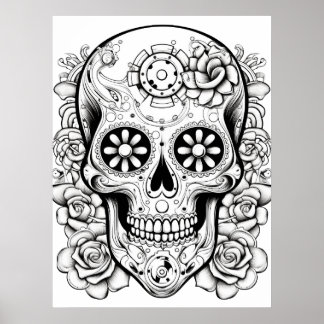 Poster Pretty Sugar Skull Image Black + White Art on Wall