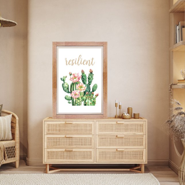 Poster Prickly Pear Cactus Aquarelle Résilient Désert (Prickly Pear Cactus Blossom Inspirational Wall Art In Customizable Size and Editable Resilient Text)