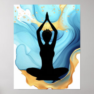 Poster Prière Pose Yoga femme Blue Gold cheveux courts to