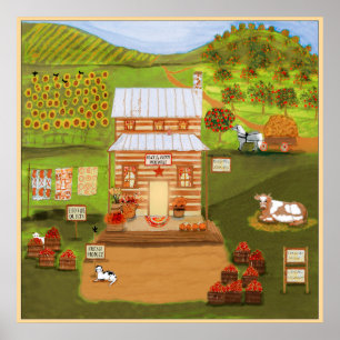 Poster Primitive folk Art Old Country Store Farm Animaux