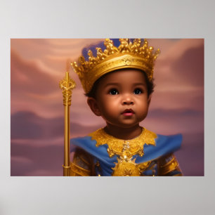 Poster Prince Afro-Américain bébé garçon mignon or bleu