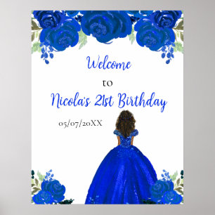 Poster Princesse à peau foncée Fleurs bleues Bienvenue d'
