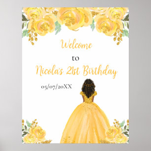 Poster Princesse à peau foncée Fleurs dorées Bienvenue An