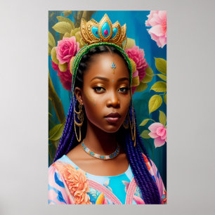 Poster princesse africaine avec or et tiare bleue
