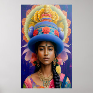 Poster princesse asiatique avec grand casquette bleu