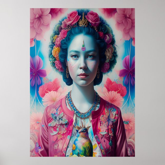 Poster princesse aux fleurs bleues avec veste rose (Devant)