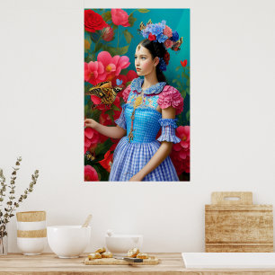 Poster Princesse avec robe bleu plaid