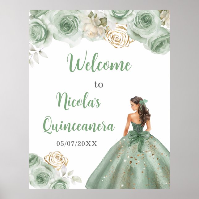 Poster Princesse en Sage Robe Verte Quinceanera Bienvenue (Devant)