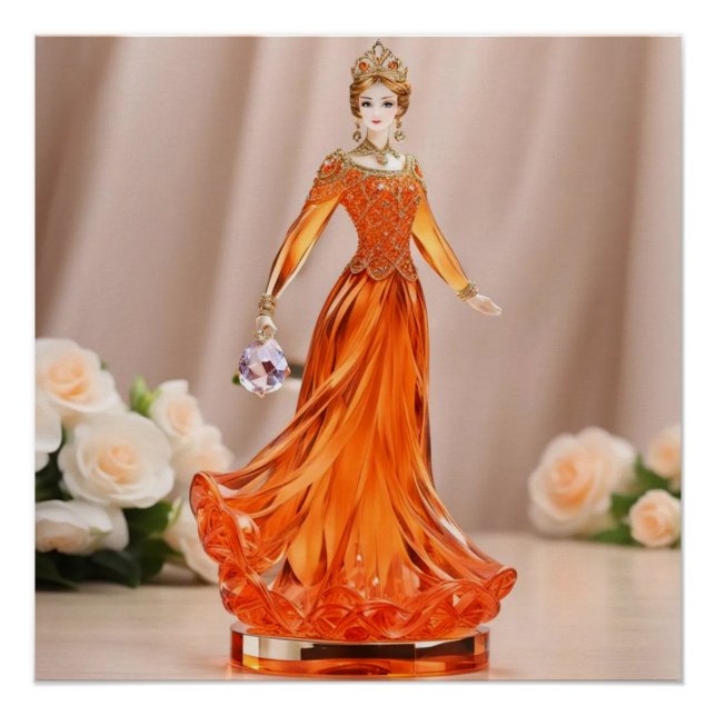 Poster princesse en verre cristal avec robe orange (Devant)