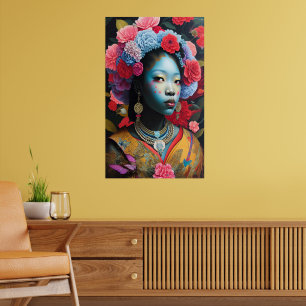 Poster princesse face bleue avec fleurs dans les cheveux