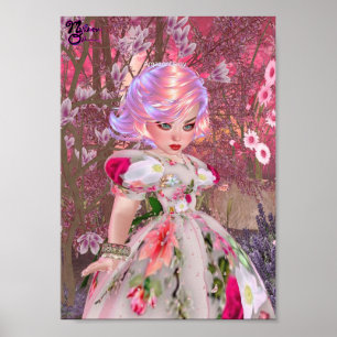Poster Princesse Fleur Rose Avec Magnolias Portrait Art