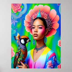 Poster princesse florale avec oiseau