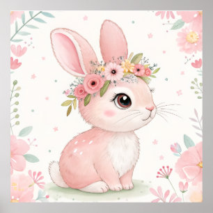 Poster Princesse Lapin avec Couronne Florale – Rose Tendr