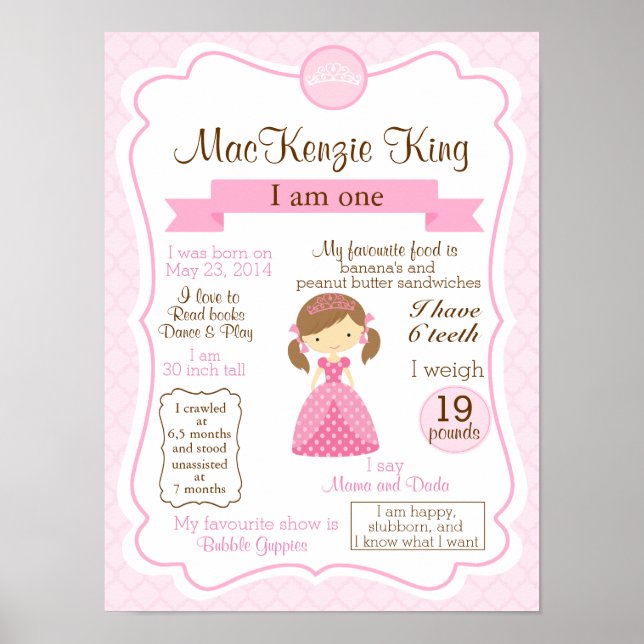 Poster Princesse un an signe pour votre fille d'anniversa (Devant)