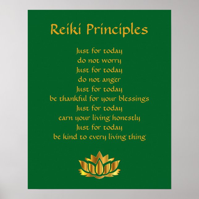 Poster Principes de Reiki Lotus vert et or (Devant)