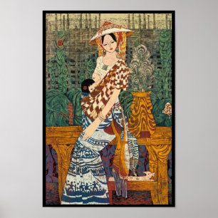 Poster Printemps Chen Yongle oriental dame et enfant