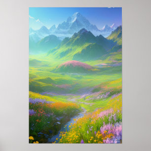 Poster Printemps dans la vallée des sommets neigeux