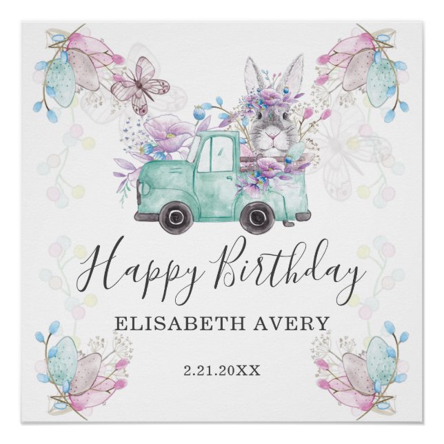 Poster Printemps Pâques Joyeux Anniversaire Camion Bunny (Devant)
