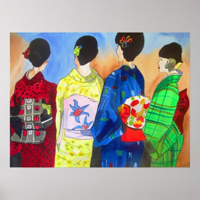 Poster Printo Kimono japonais Geisha aquarelle (Devant)
