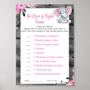 Poster Prix est droit Baby shower jeu Elephant rose