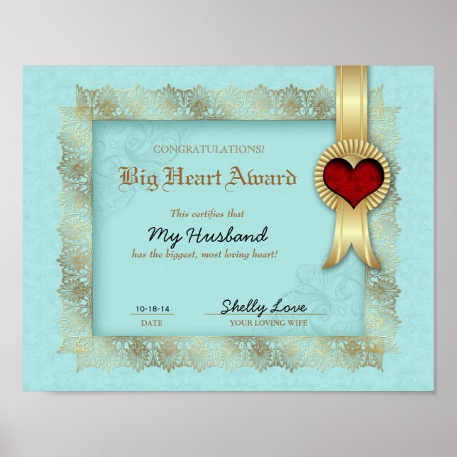 Poster Prix Hero Coeur Certificat Meilleur Mari (Devant)