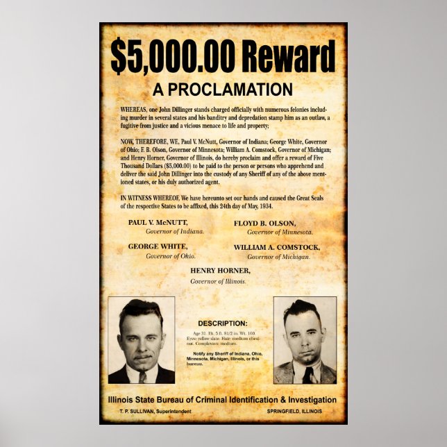 POSTER PROCLAMATION RECHERCHÉE DILLINGER - MAI 1934 (Devant)