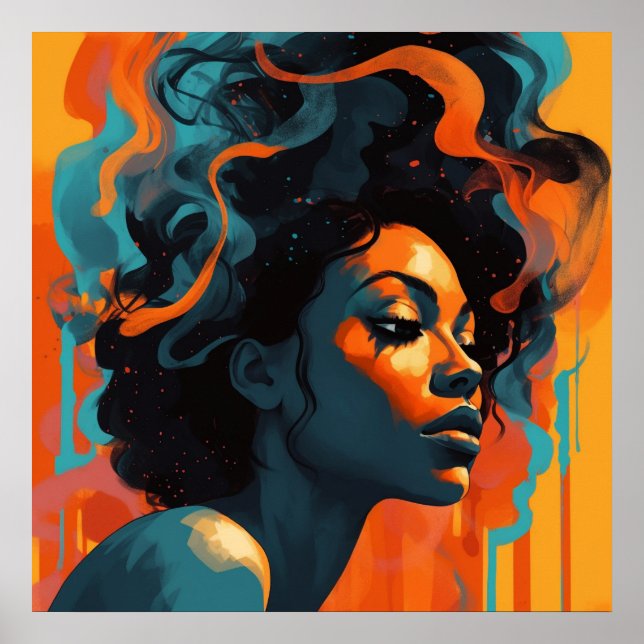 Poster Profil Abstrait Jeune femme noire en Orange I (Devant)