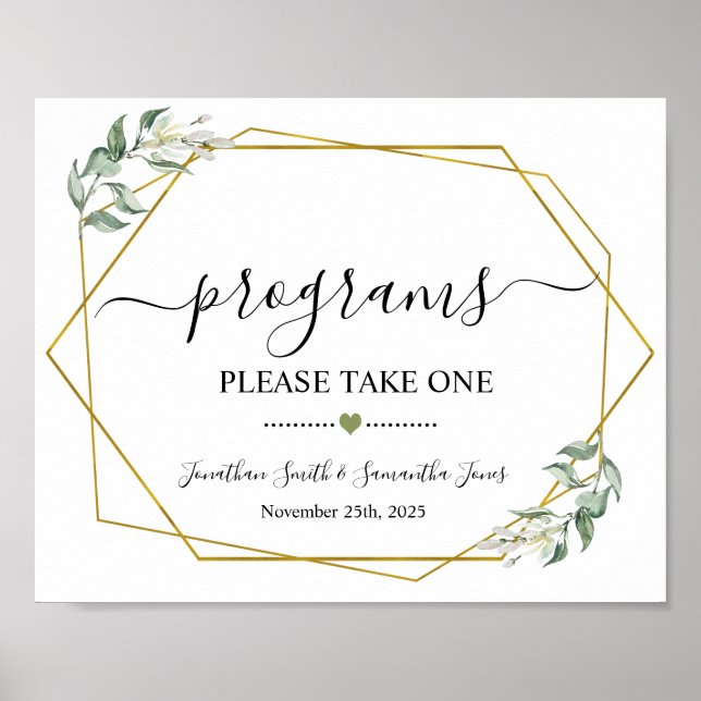 Poster Progams signe cérémonie mariage verdure or (Devant)