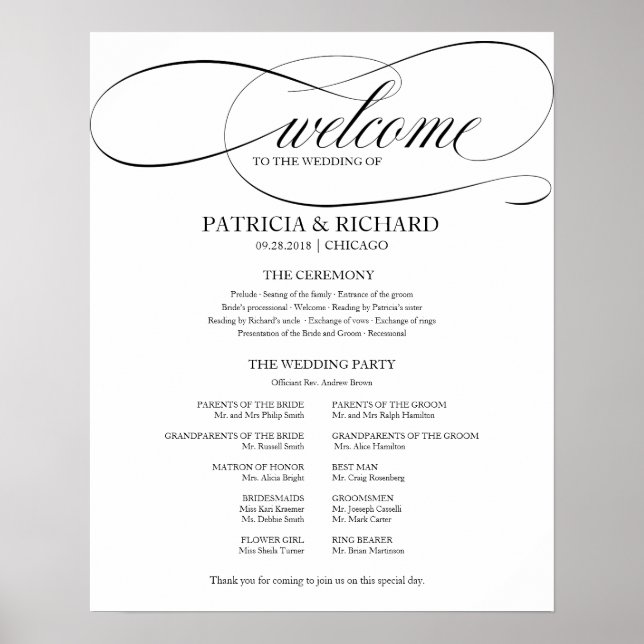 Poster Programme de cérémonie de mariage Élégant script n (Devant)