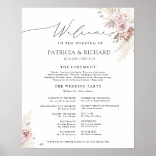 Poster Programme de cérémonie de mariage floral rose pous