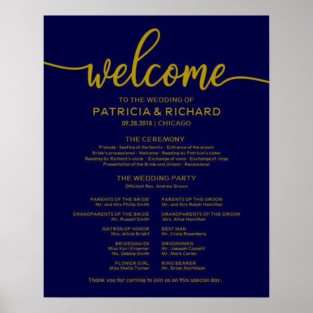 Poster Programme de cérémonie mariage Gold Marine Blue (Devant)