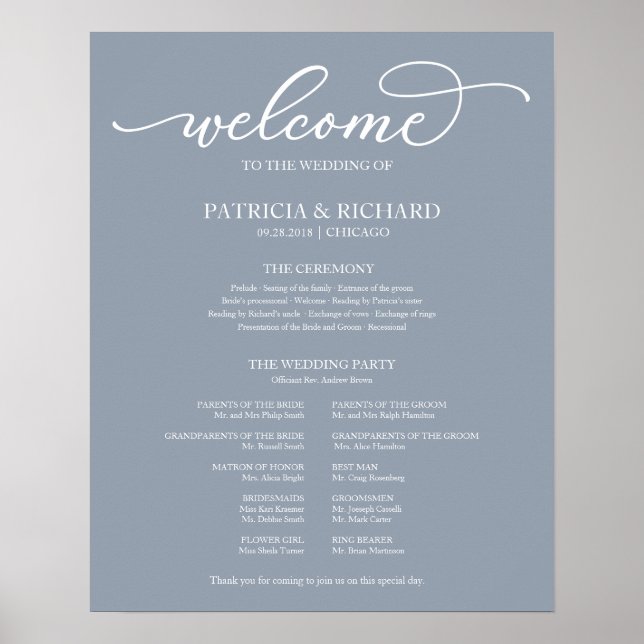 Poster Programme de cérémonie mariage Script Dusty Blue S (Devant)
